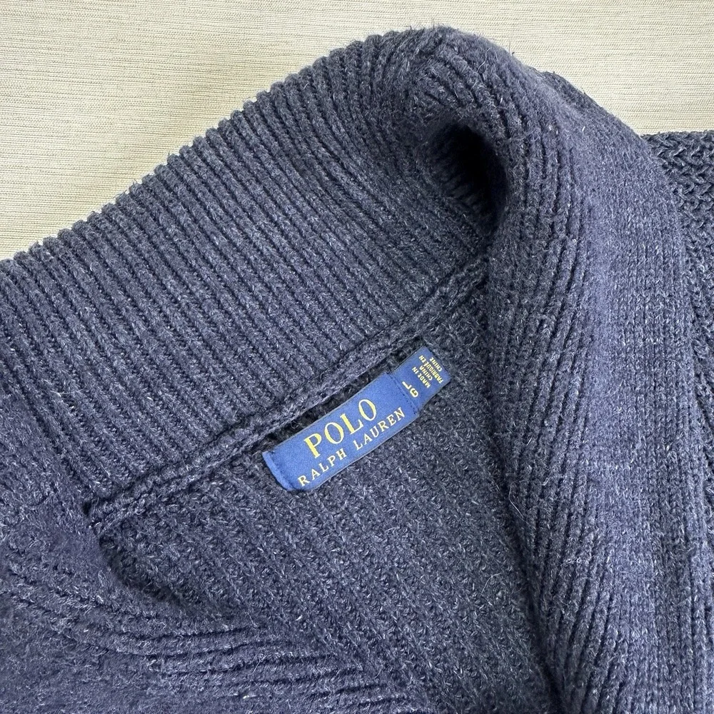 Polo Ralph Lauren Cardigan Shawl Collar Chunky Knit Sweater Men L Navy Blue